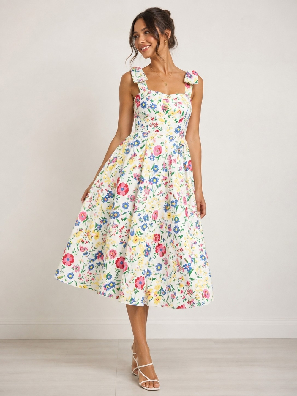 Kate Spade Garden Bouquet Fit & Flare Floral Midi Dress Size 4 Bow Strap KC378